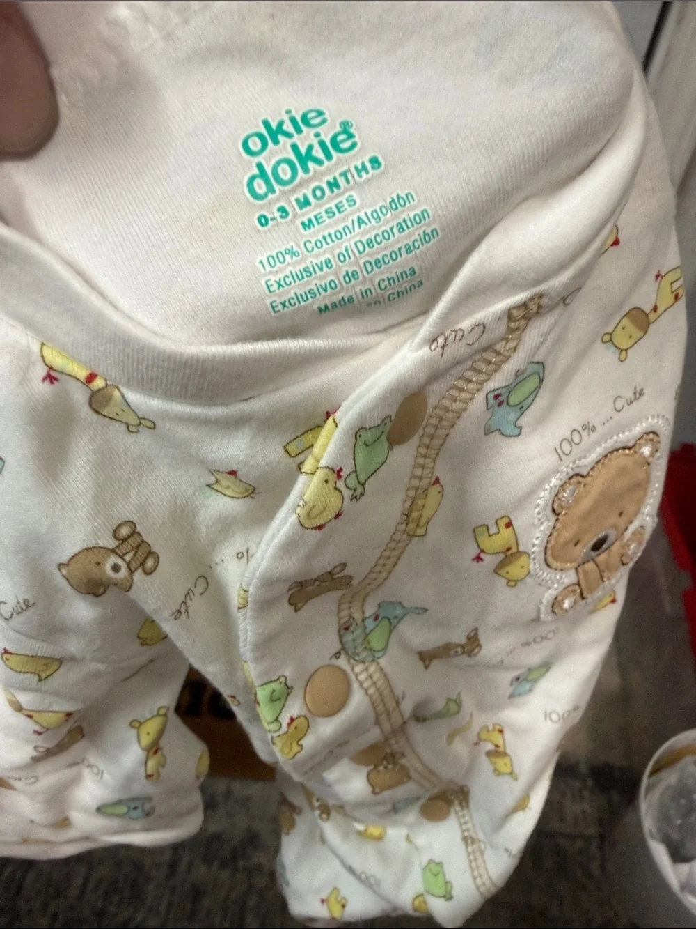 okie dokie Cream Bear & Animal Print Footed One-Piece